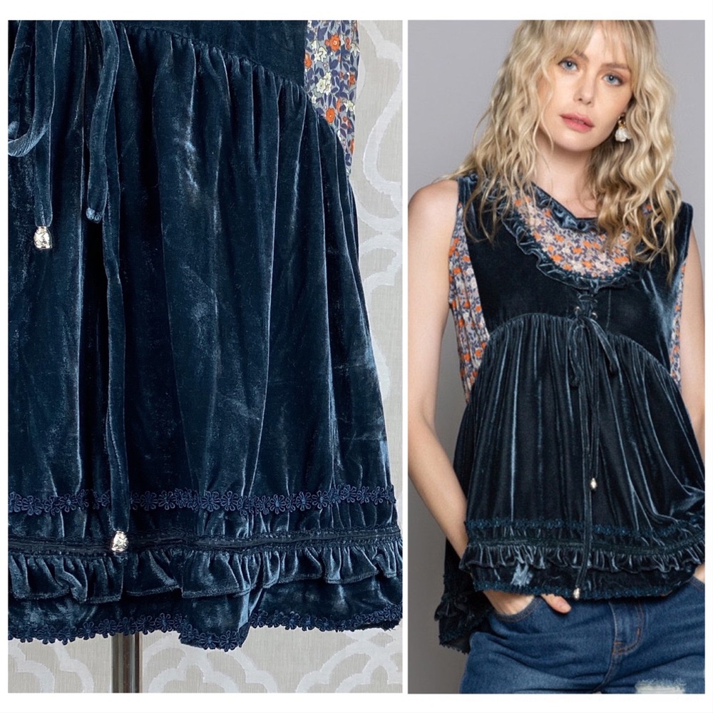 POL Midnight Blue Velvet Babydoll Top - Picture 7 of 11